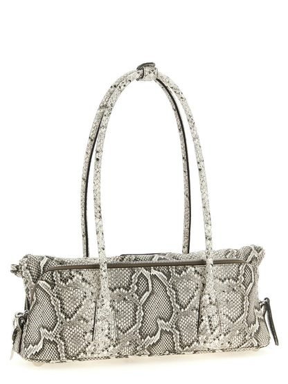 East West Shoulder Bag by Maison Margiela for women in viscose & synthetic fur silver & white presents a statuesque silhouette, showcasing a secure zipper and statuesque with versatile shoulder-strap & handle for a sophisticated look.