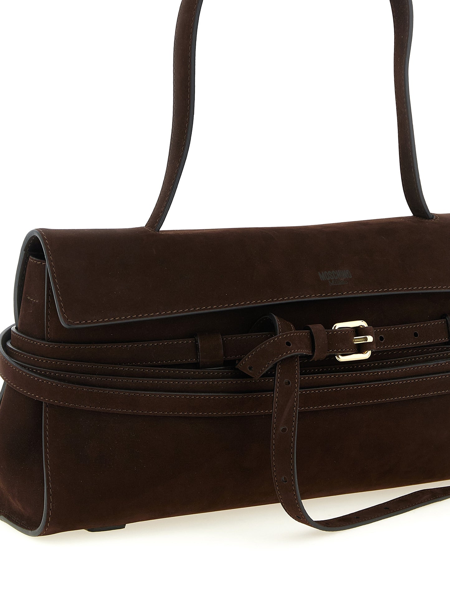 Shoulder Flap Bag by Moschino for women in calfskin leather brown & gold features a effortless sophistication silhouette, secured by a flap, zipper & buckle with ample and versatile shoulder-strap, handle & belt-strap for a effortless sophistication finish.