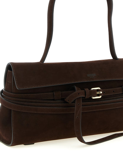 Shoulder Flap Bag by Moschino for women in calfskin leather brown & gold features a effortless sophistication silhouette, secured by a flap, zipper & buckle with ample and versatile shoulder-strap, handle & belt-strap for a effortless sophistication finish.