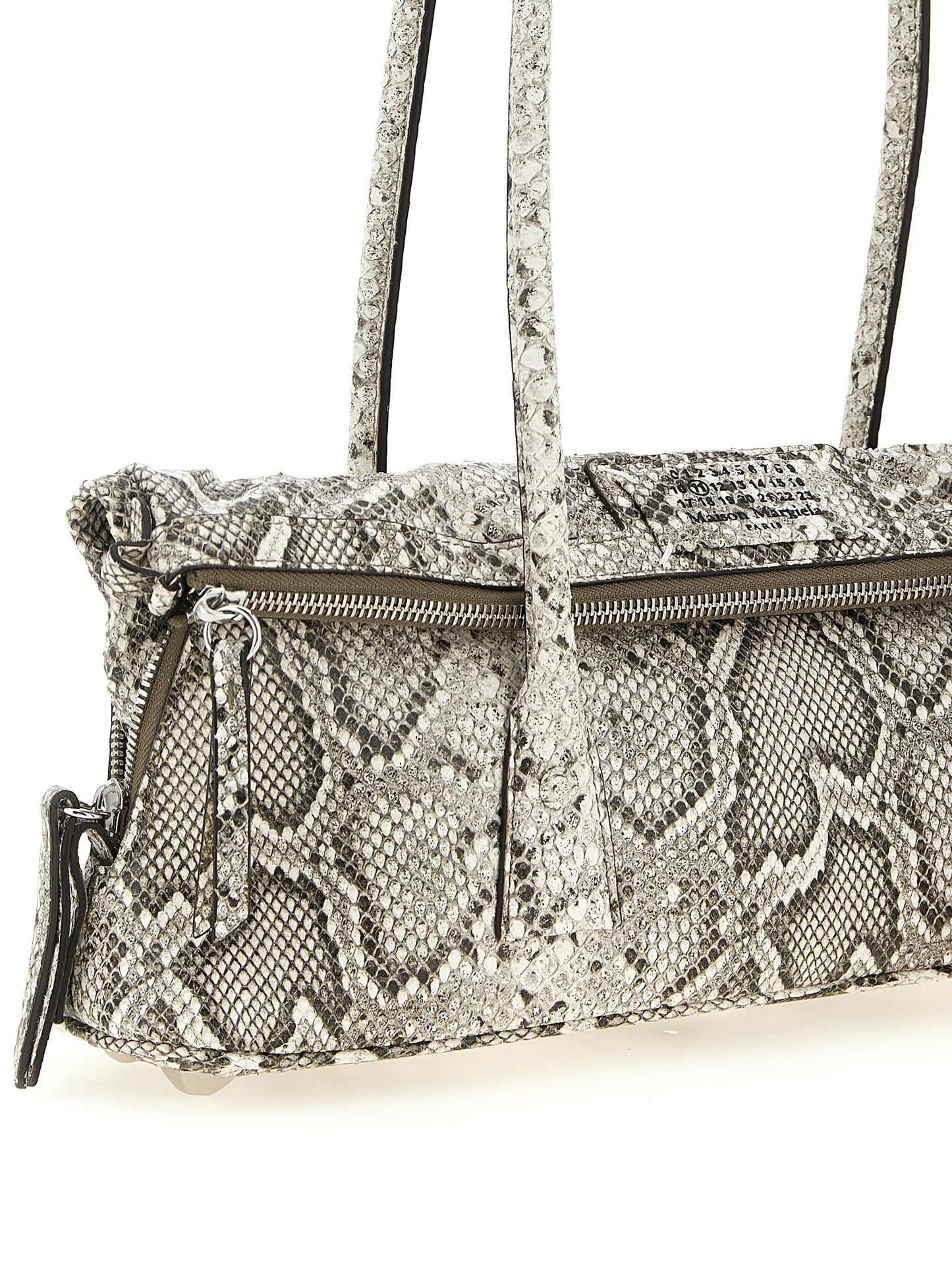 East West Shoulder Bag by Maison Margiela for women in viscose & synthetic fur silver & white features a stately silhouette, showcasing a secure zipper, ample , and stately shoulder-strap & handle for a stately finish.