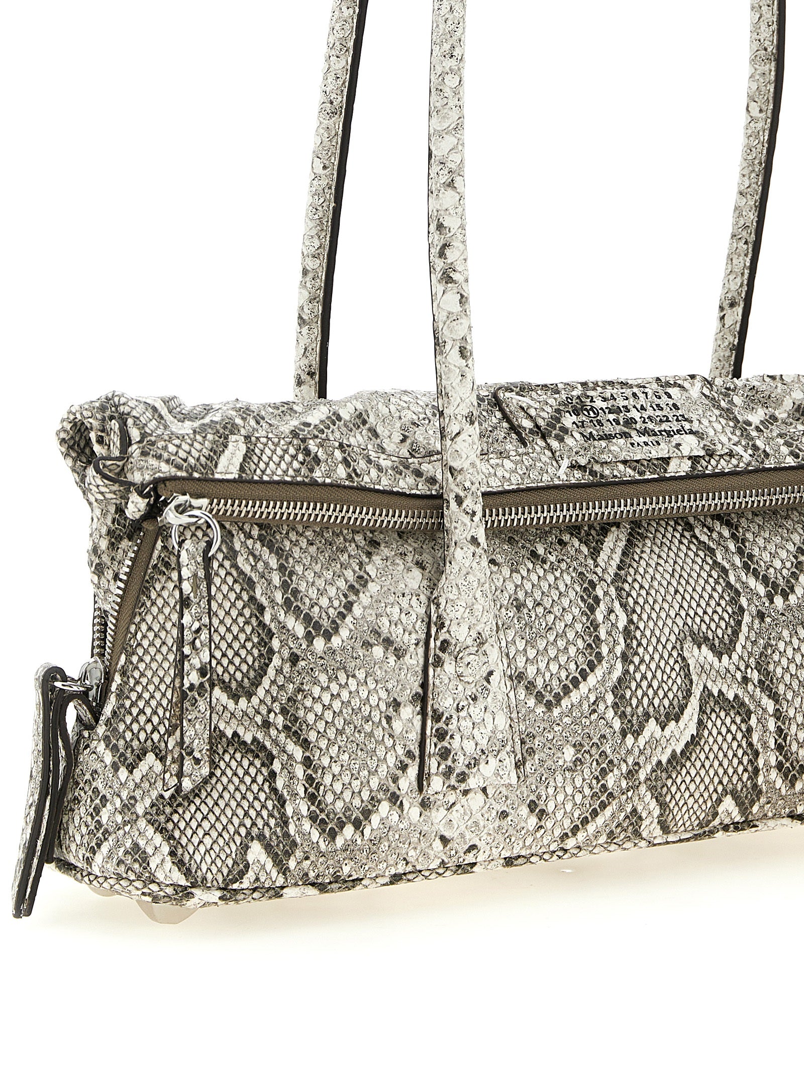 East West Shoulder Bag by Maison Margiela for women in viscose & synthetic fur silver & white features a stately silhouette, showcasing a secure zipper, ample , and stately shoulder-strap & handle for a stately finish.