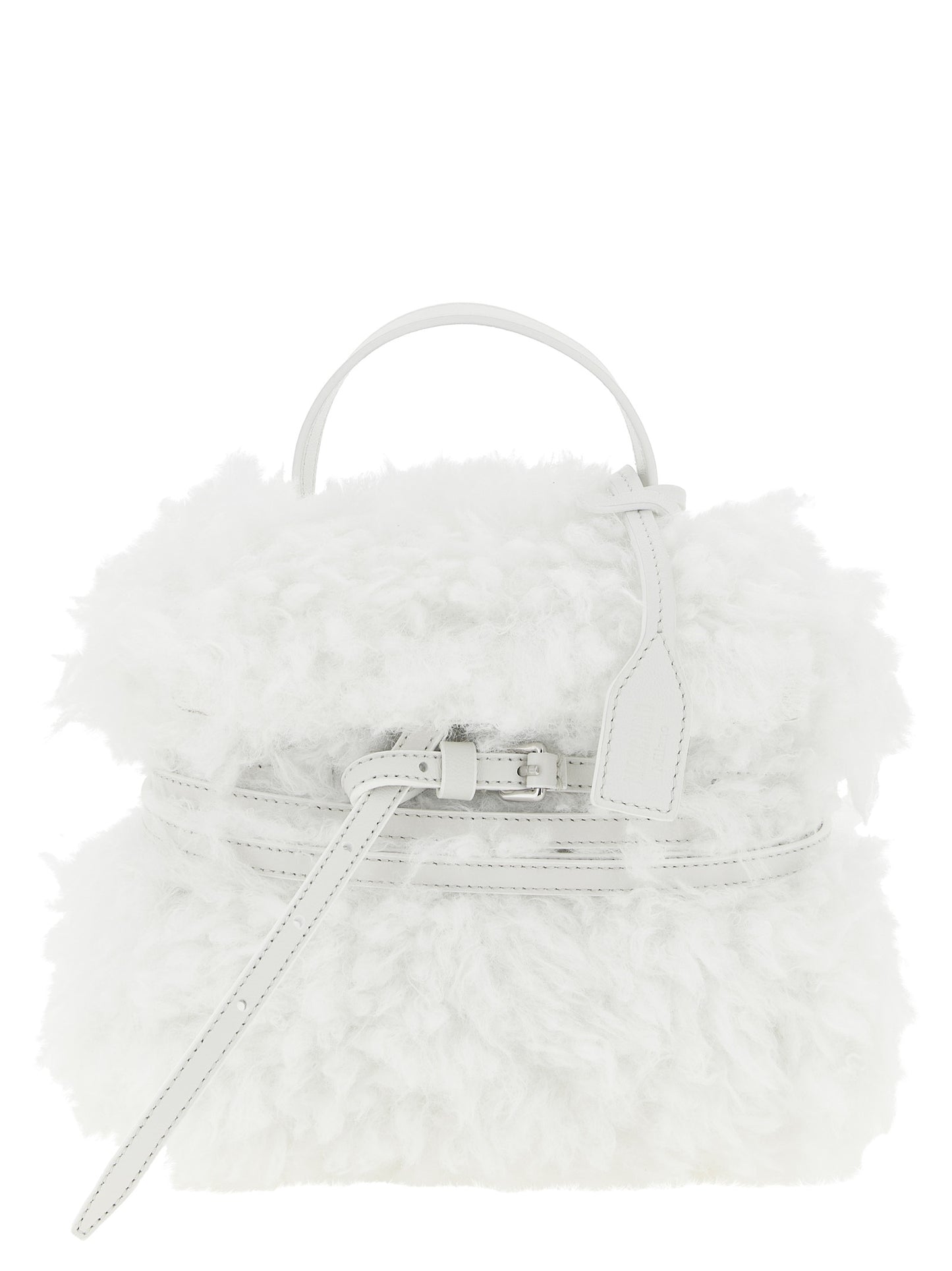 Small Handbag by Moschino for women in leather & velvet silver & white features an refined silhouette, showcasing a secure buckle, ample , and versatile shoulder-strap, handle, adjustable-strap & belt-strap for a sophisticated refined aesthetic.