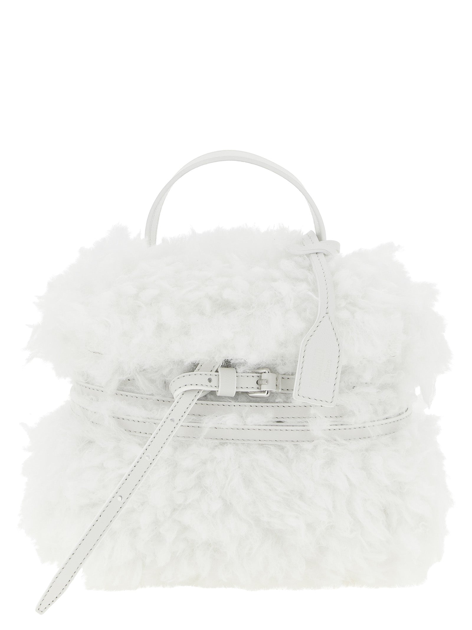 Small Handbag by Moschino for women in leather & velvet silver & white features an refined silhouette, showcasing a secure buckle, ample , and versatile shoulder-strap, handle, adjustable-strap & belt-strap for a sophisticated refined aesthetic.
