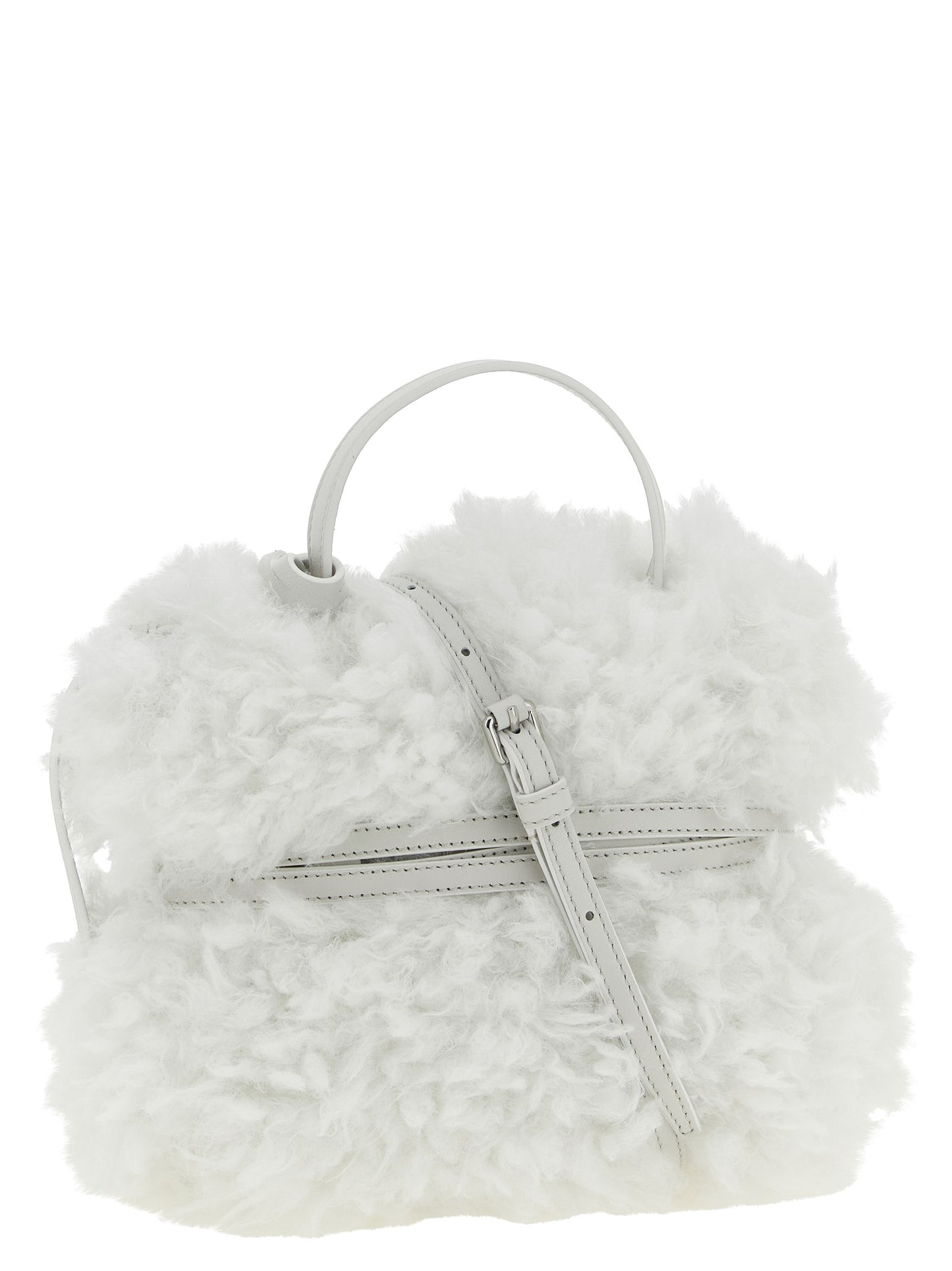 Small Handbag by Moschino for women in leather & velvet silver & white features a signature silhouette, showcasing a secure buckle and signature with versatile shoulder-strap, handle, adjustable-strap & belt-strap for a sophisticated look.