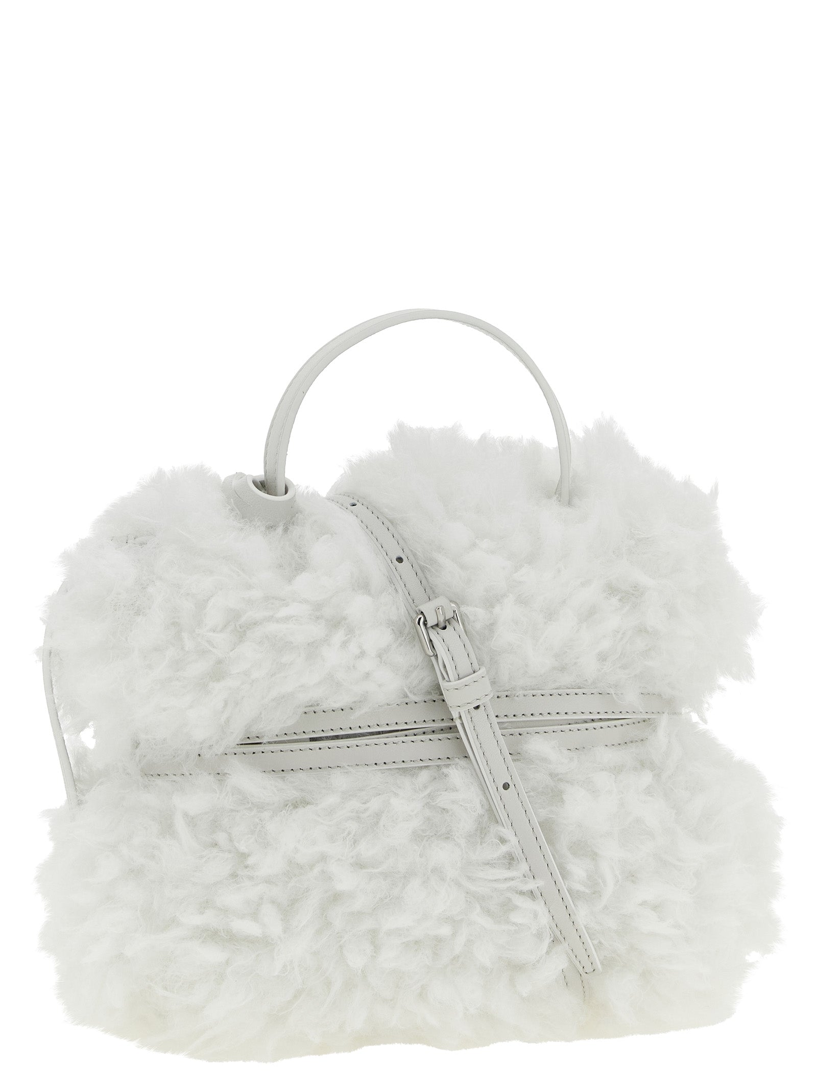 Small Handbag by Moschino for women in leather & velvet silver & white features a signature silhouette, showcasing a secure buckle and signature with versatile shoulder-strap, handle, adjustable-strap & belt-strap for a sophisticated look.