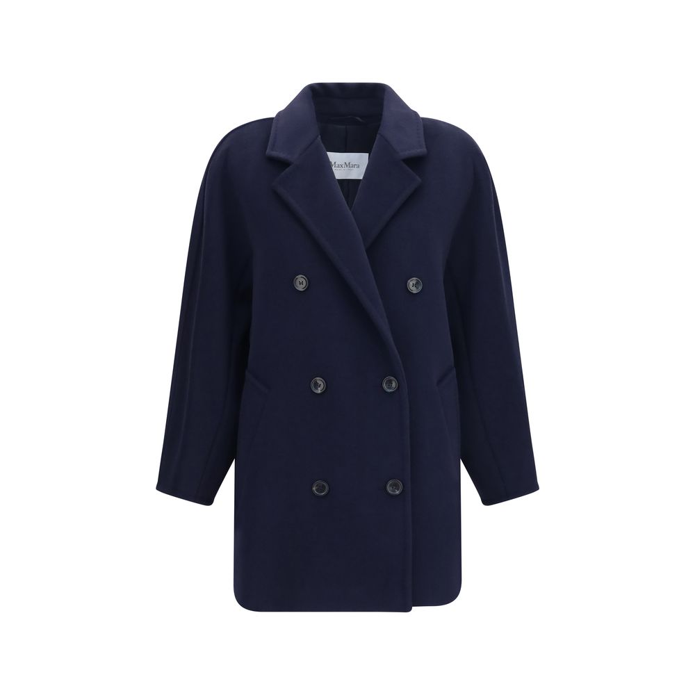Overcoat by Max Mara for women in cashmere merino wool & capra leather blue features a contemporary silhouette showcasing a contemporary and refined pockets for a sophisticated finish.