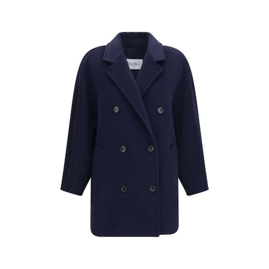 Overcoat by Max Mara for women in cashmere merino wool & capra leather blue features a contemporary silhouette showcasing a contemporary and refined pockets for a sophisticated finish.