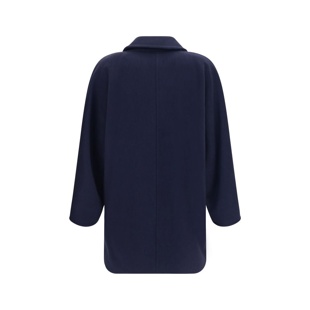 Overcoat by Max Mara for women in cashmere merino wool & capra leather blue showcases a enveloping silhouette, detailed with distinctive pockets and a enveloping .