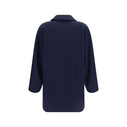 Overcoat by Max Mara for women in cashmere merino wool & capra leather blue showcases a enveloping silhouette, detailed with distinctive pockets and a enveloping .
