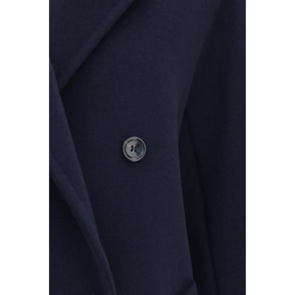 Overcoat by Max Mara for women in cashmere merino wool & capra leather blue features an satoral silhouette, showcasing a sophisticated and satoral pockets for a premium, timeless look.