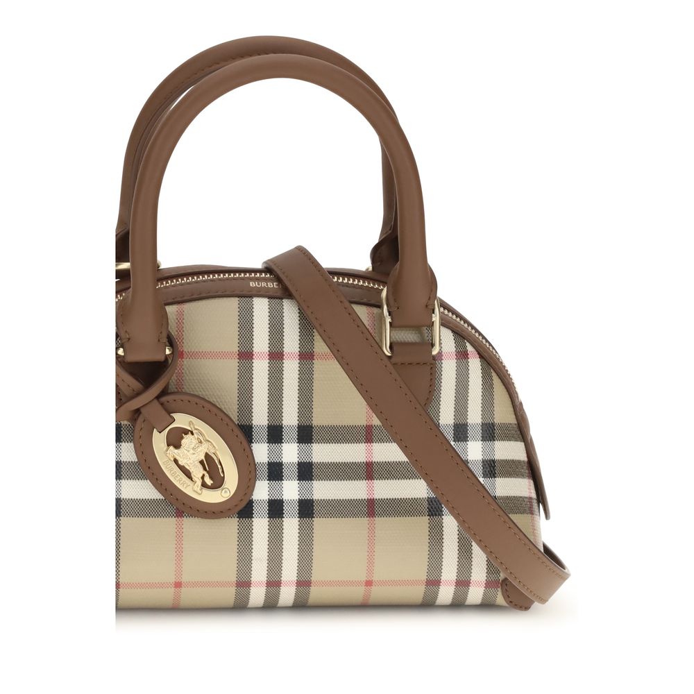 Mini Handbag by Burberry for women in leather & canvas beige, brown, gold, patterned & signature features a signature silhouette, showcasing a secure zipper and signature with versatile shoulder-strap, handle, adjustable-strap & detachable-strap for a sophisticated look.