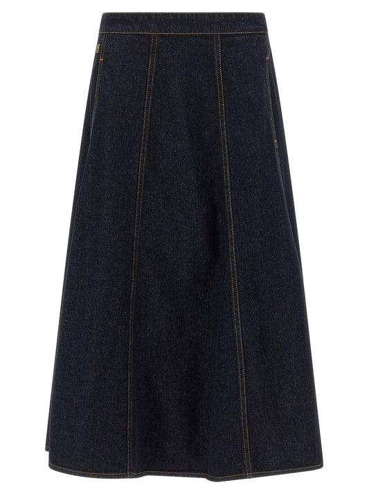 Skirt by Alberta Ferretti for women in denim cotton & acrylic fiber blue showcases a dramatic silhouette, artfully capturing the essence of the Women's Denim Flared Cotton & Acrylic Fiber Maxi Mini Skirt in a dramatic maxi mini cut for a refined look.
