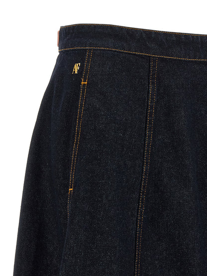 Skirt by Alberta Ferretti for women in denim cotton & acrylic fiber blue features a sublime silhouette, showcasing the sublime design of the Women's Denim Flared Cotton & Acrylic Fiber Maxi Mini Skirt in a sophisticated maxi mini.