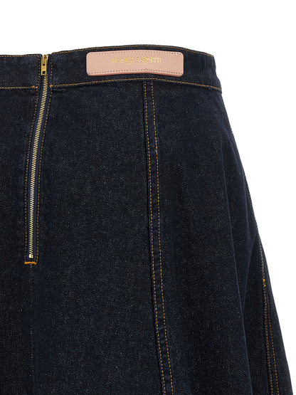 Skirt by Alberta Ferretti for women in denim cotton & acrylic fiber blue features a contoured silhouette from the Women's Denim Flared Cotton & Acrylic Fiber Maxi Mini Skirt collection, characterized by its contoured maxi mini for a contoured finish.