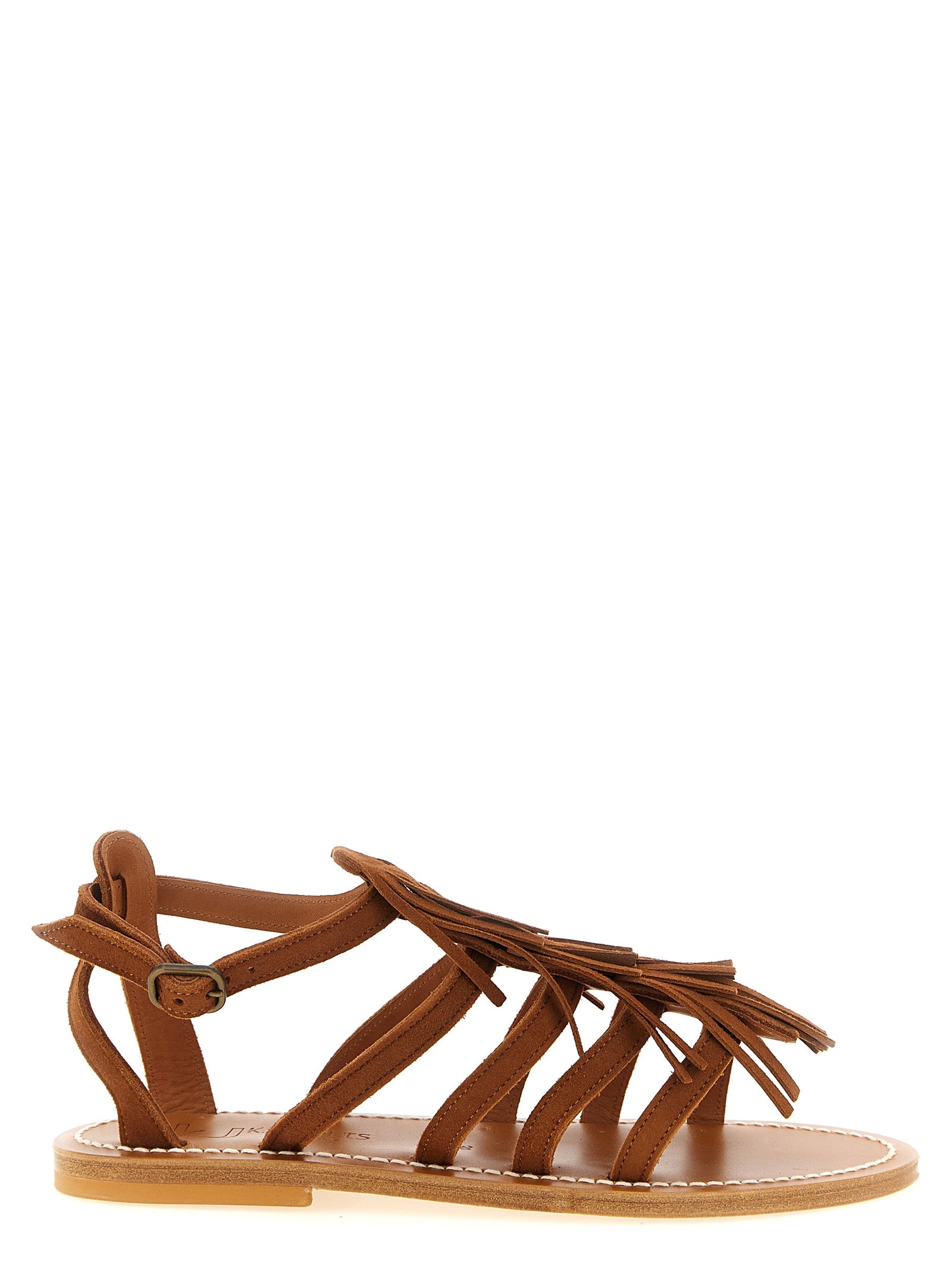 Flat Ankle Strap Sandals by K.JACQUES SAINT TROPEZ for women in suede goatskin leather and brown presents a captivating silhouette, showcasing the signature style of the Women's Suede Goatskin Leather Flat Ankle Strap Sandals with a captivating flat and captivating .