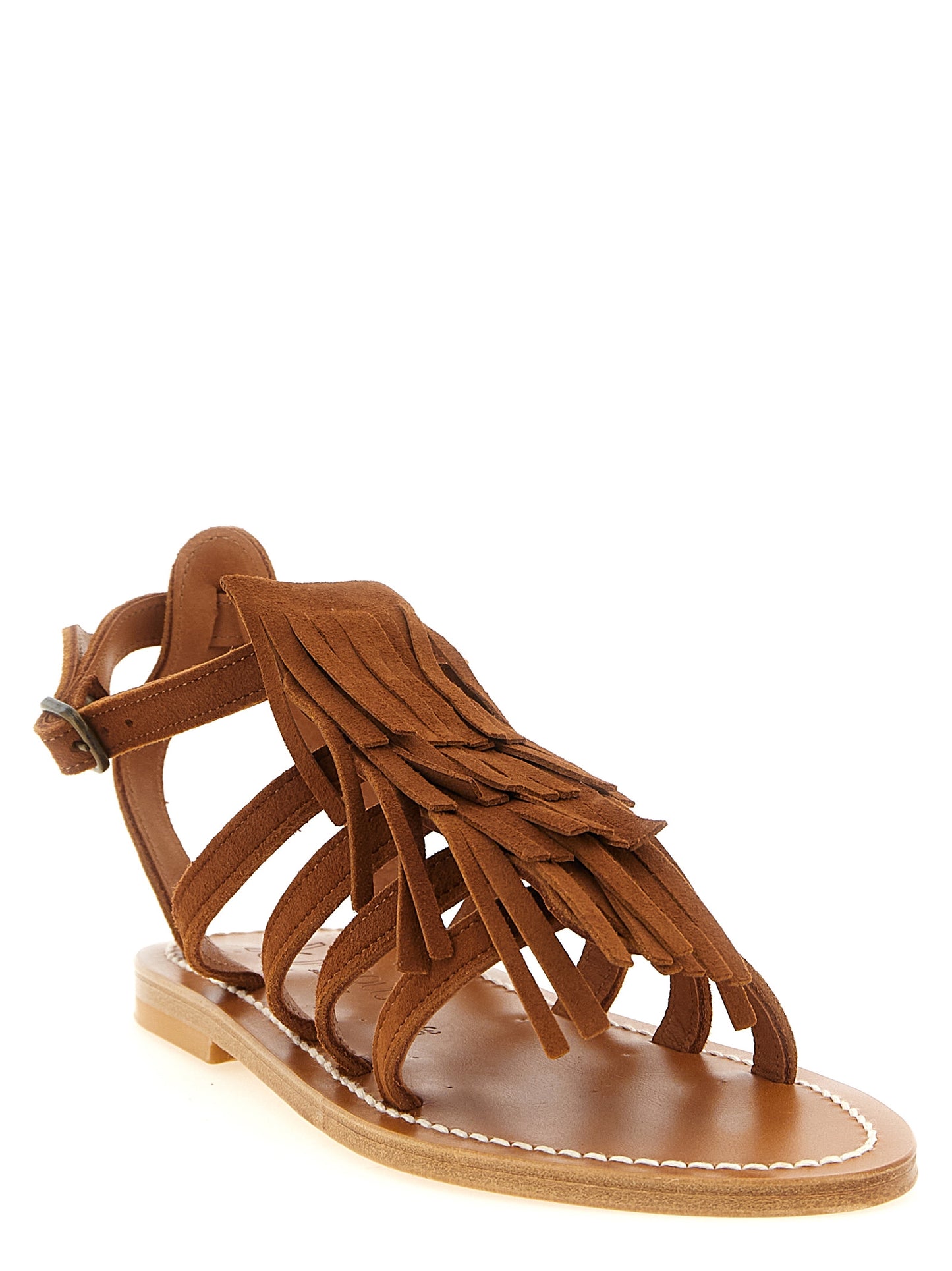 Flat Ankle Strap Sandals by K.JACQUES SAINT TROPEZ for women in suede goatskin leather brown features an exquisite silhouette, showcasing the exquisite Women's Suede Goatskin Leather Flat Ankle Strap Sandals with a flat and .