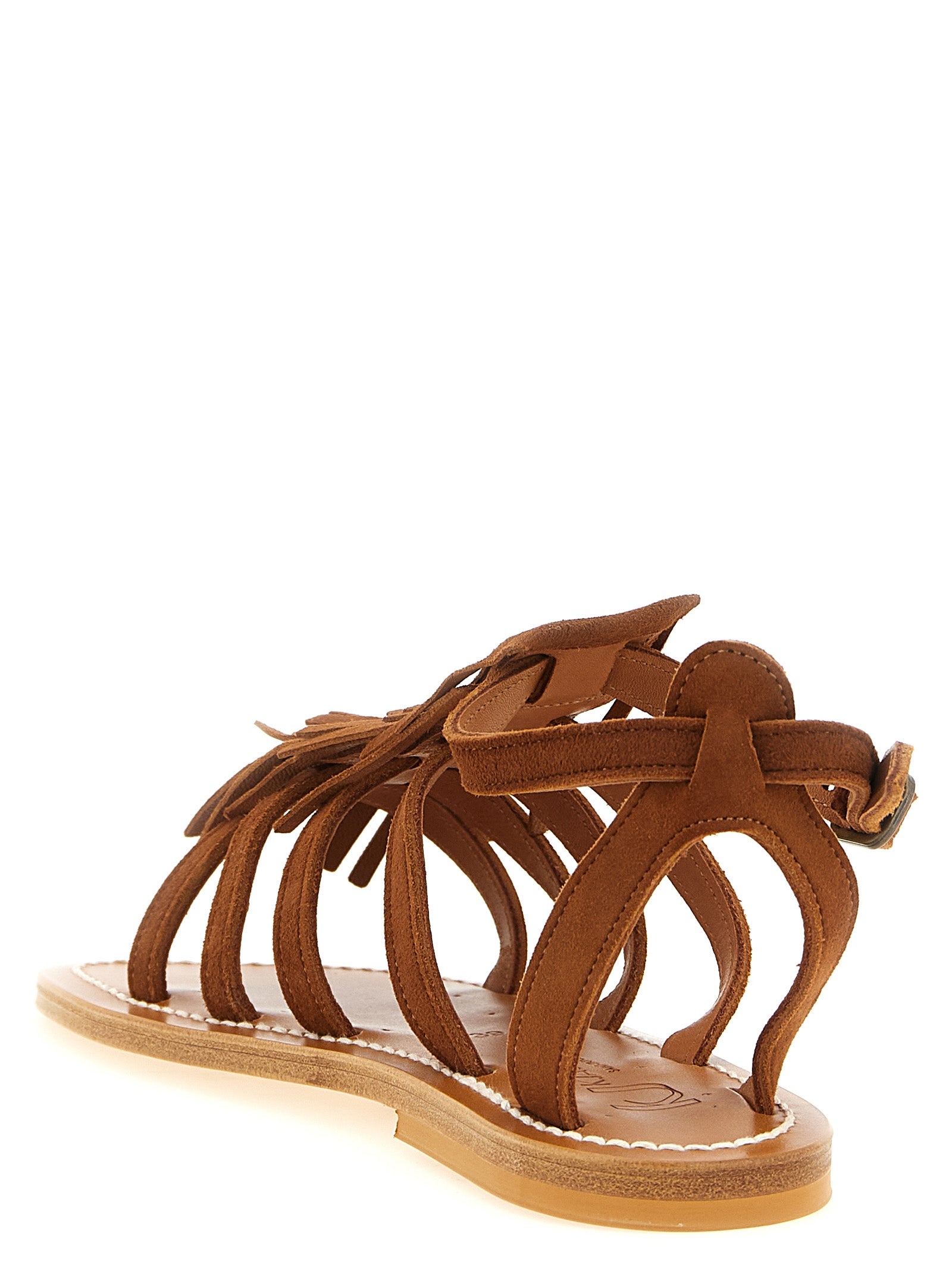 Flat Ankle Strap Sandals by K.JACQUES SAINT TROPEZ for women in suede goatskin leather brown presents a sculptural silhouette, showcasing the Women's Suede Goatskin Leather Flat Ankle Strap Sandals design with a sculptural flat and for a premium look.