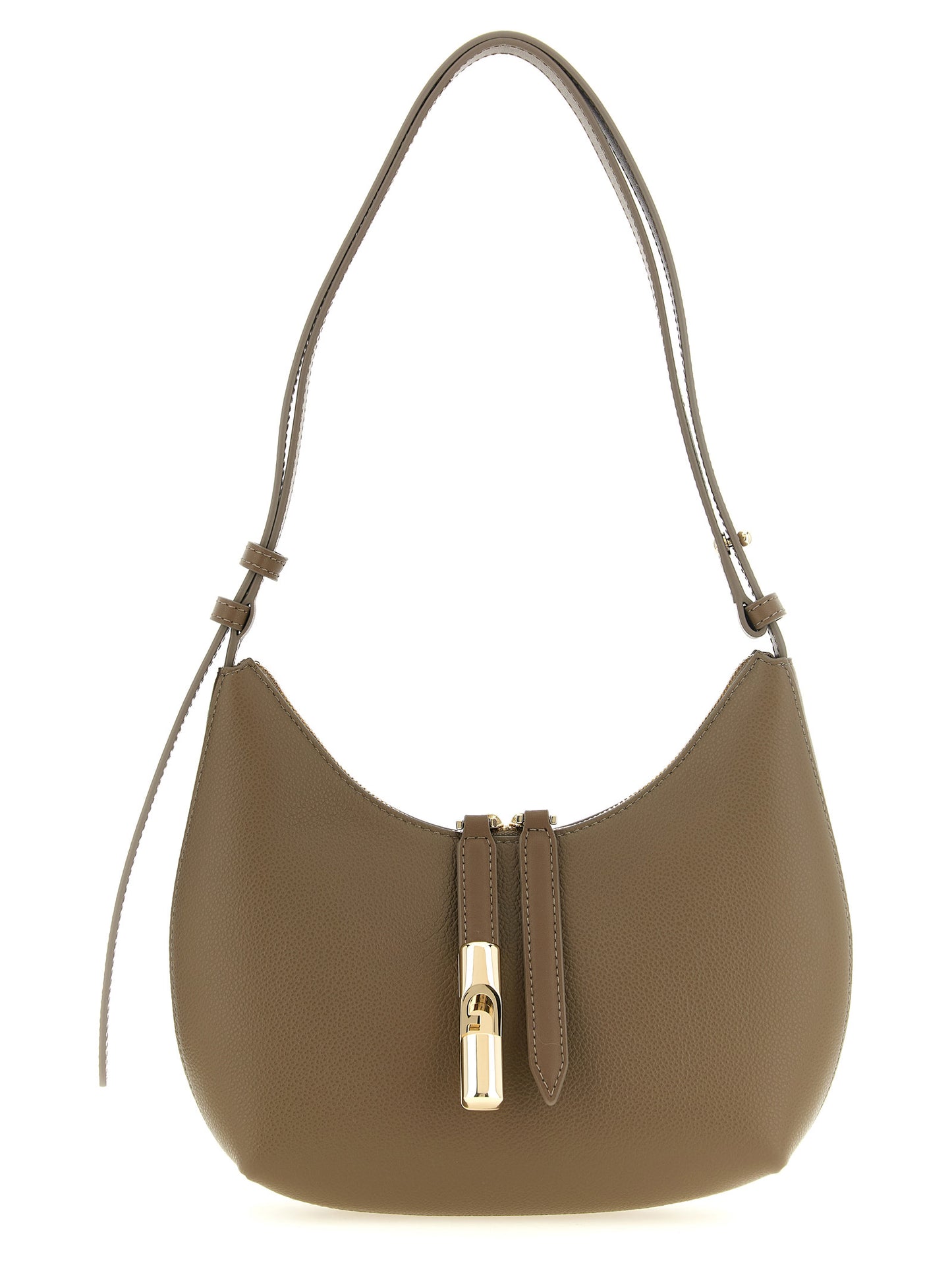 Shoulder Crescent Bag by Furla for women in calfskin leather beige & gold features a statuesque silhouette, showcasing a secure and statuesque with versatile shoulder-strap, adjustable-strap & handle for a statuesque finish.
