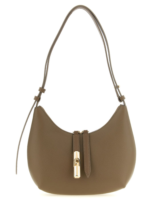 Shoulder Crescent Bag by Furla for women in calfskin leather beige & gold features a statuesque silhouette, showcasing a secure and statuesque with versatile shoulder-strap, adjustable-strap & handle for a statuesque finish.
