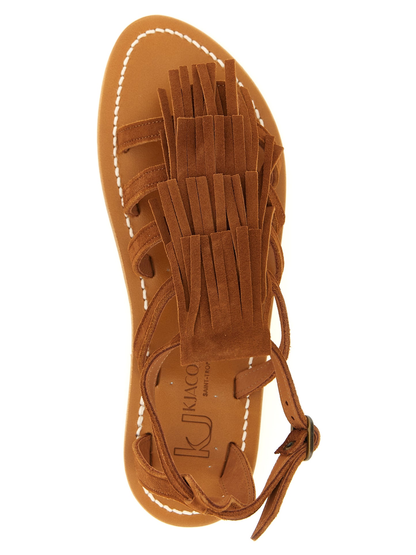 Flat Ankle Strap Sandals by K.JACQUES SAINT TROPEZ for women in suede goatskin leather brown showcases a sculptural silhouette as Women's Suede Goatskin Leather Flat Ankle Strap Sandals, defined by a sculptural flat and sculptural for a sculptural look.