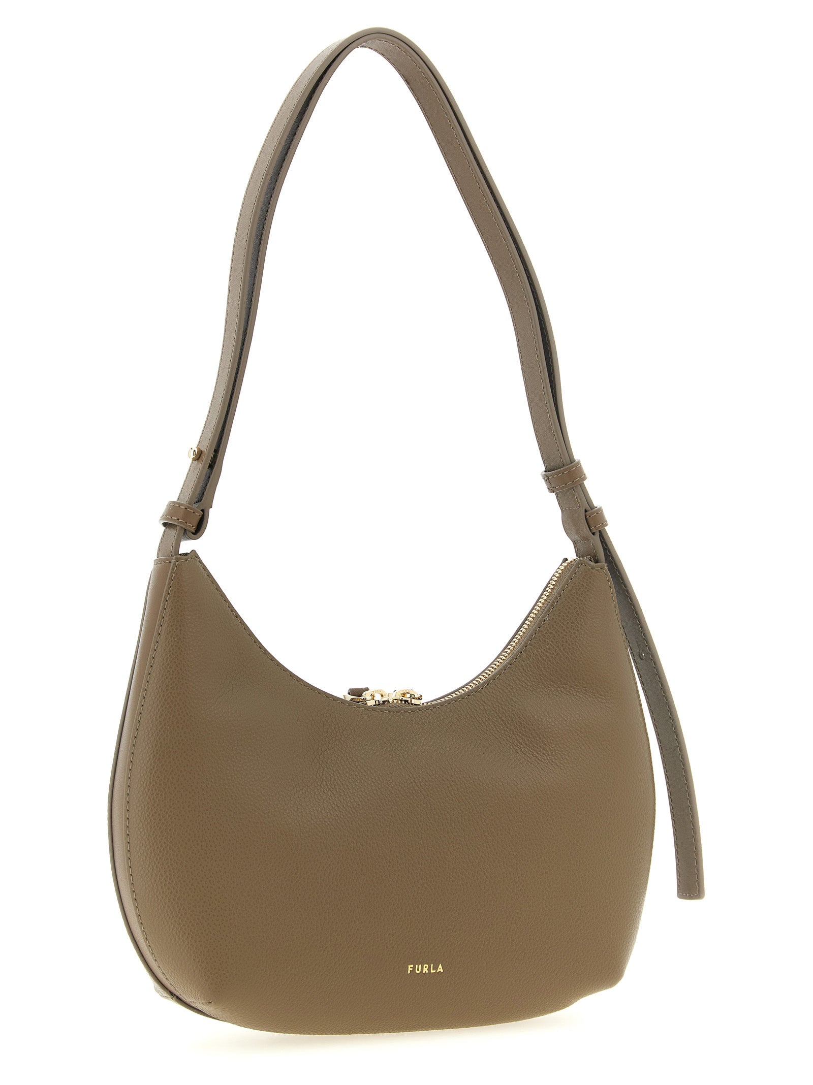 Shoulder Crescent Bag by Furla for women in calfskin leather beige & gold features a effortless sophistication silhouette, secured by a with ample and versatile shoulder-strap, adjustable-strap & handle for a effortless sophistication finish.