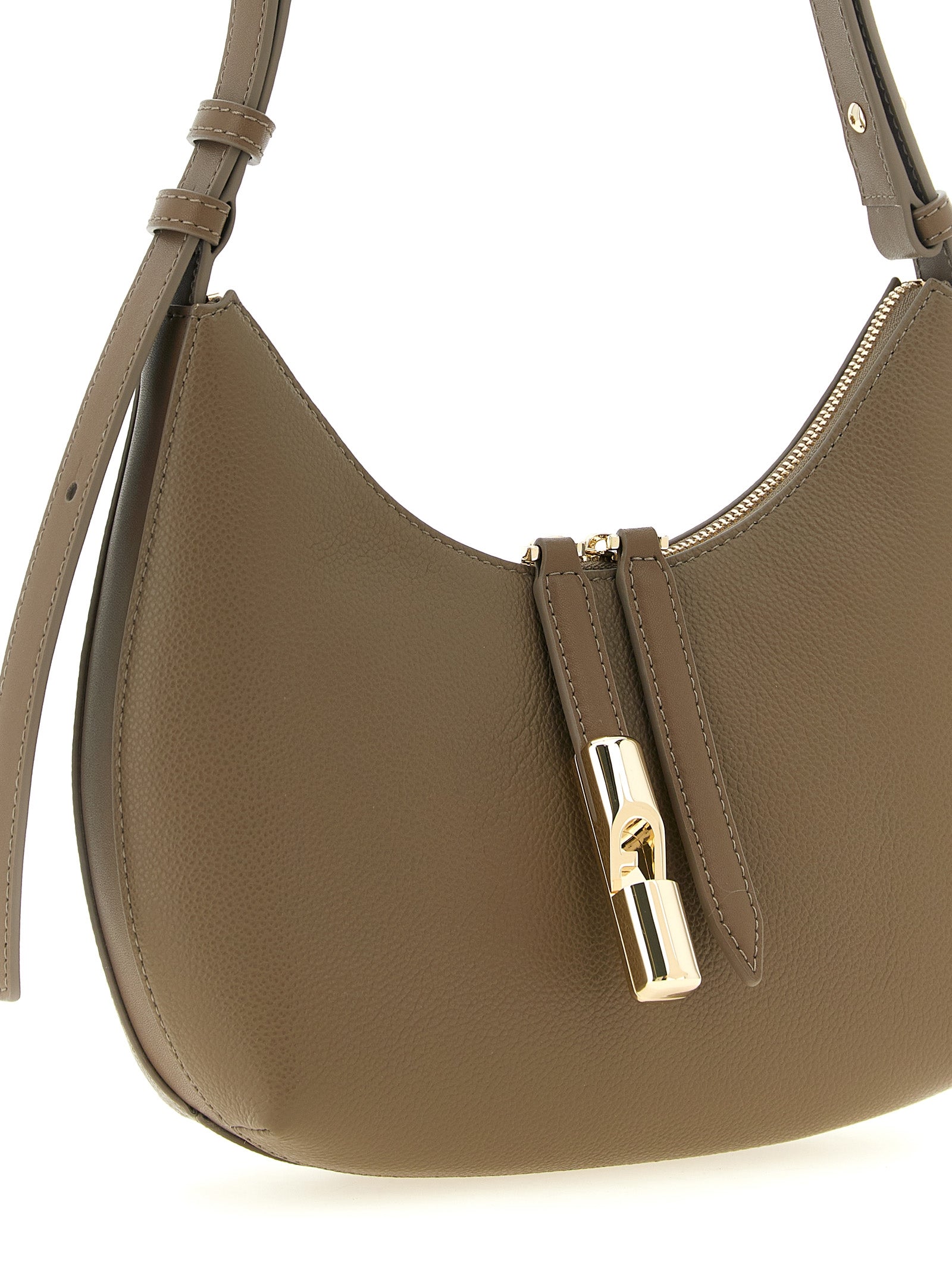 Shoulder Crescent Bag by Furla for women in calfskin leather beige & gold features a stately silhouette, showcasing a secure , ample , and stately shoulder-strap, adjustable-strap & handle for a stately finish.