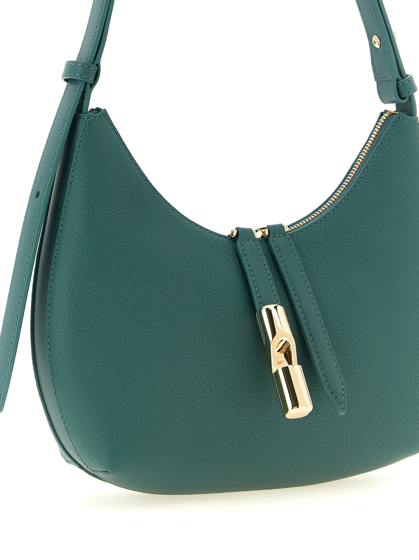 Shoulder Hobo Bag by Furla for women in calfskin leather bicolour, gold & green showcases a statuesque silhouette, artfully detailed with a secure zipper, organized , and versatile shoulder-strap, adjustable-strap & handle for a statuesque look.