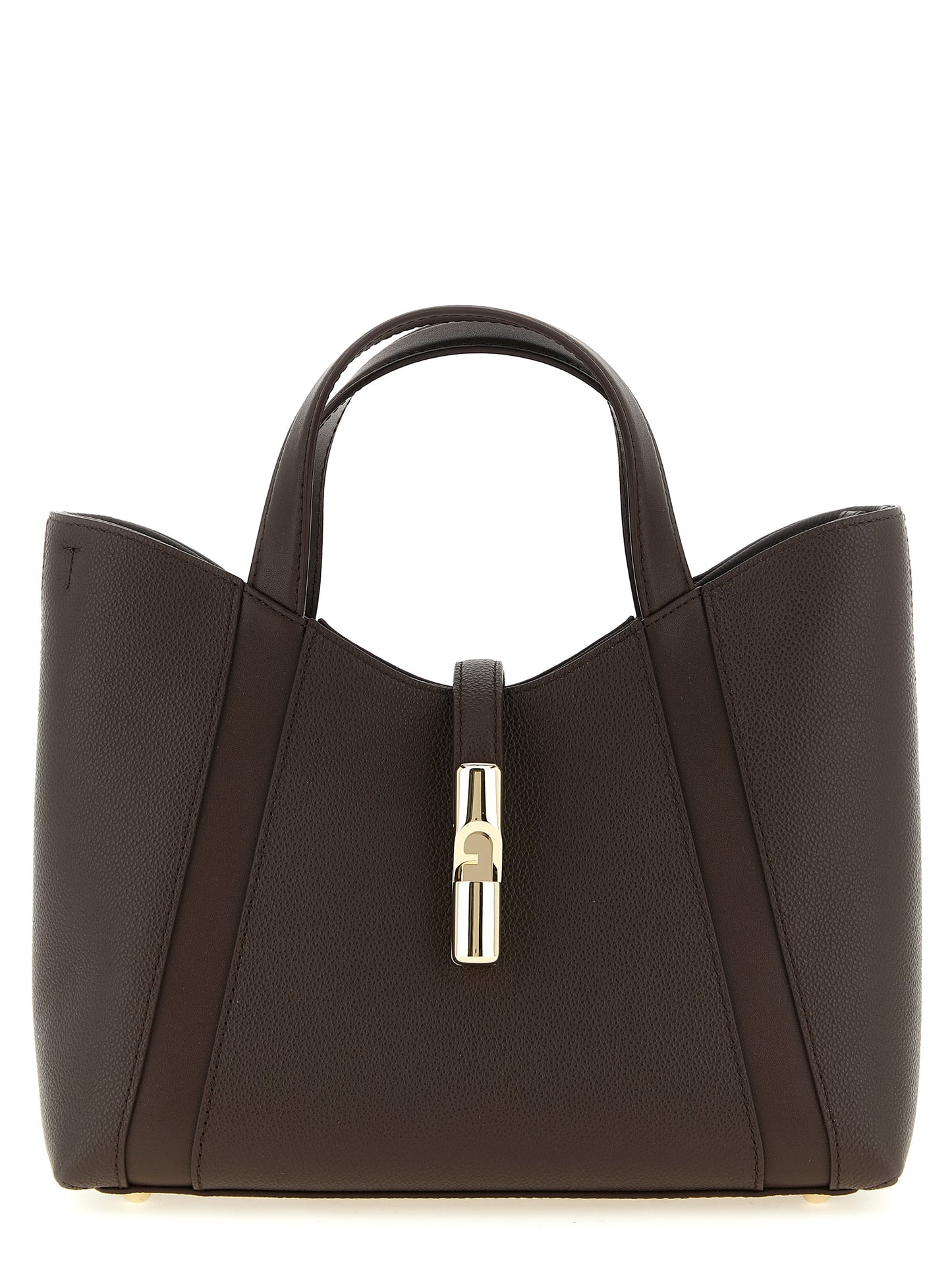 Tote Bag by Furla for women in calfskin leather brown & gold showcases a statuesque Goccia Calfskin Leather Tote Bag design, featuring a secure , ample , and versatile handle & adjustable-strap for a statuesque finish.