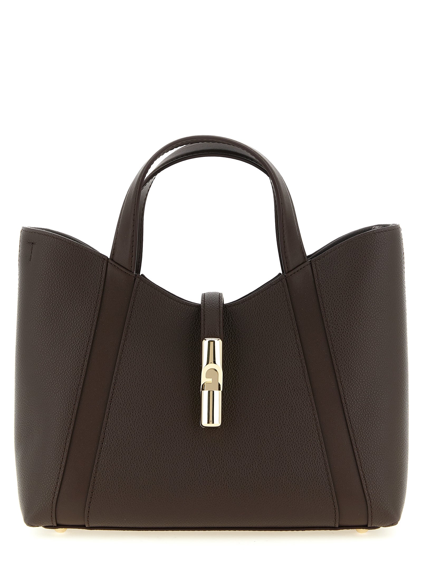 Tote Bag by Furla for women in calfskin leather brown & gold showcases a statuesque Goccia Calfskin Leather Tote Bag design, featuring a secure , ample , and versatile handle & adjustable-strap for a statuesque finish.