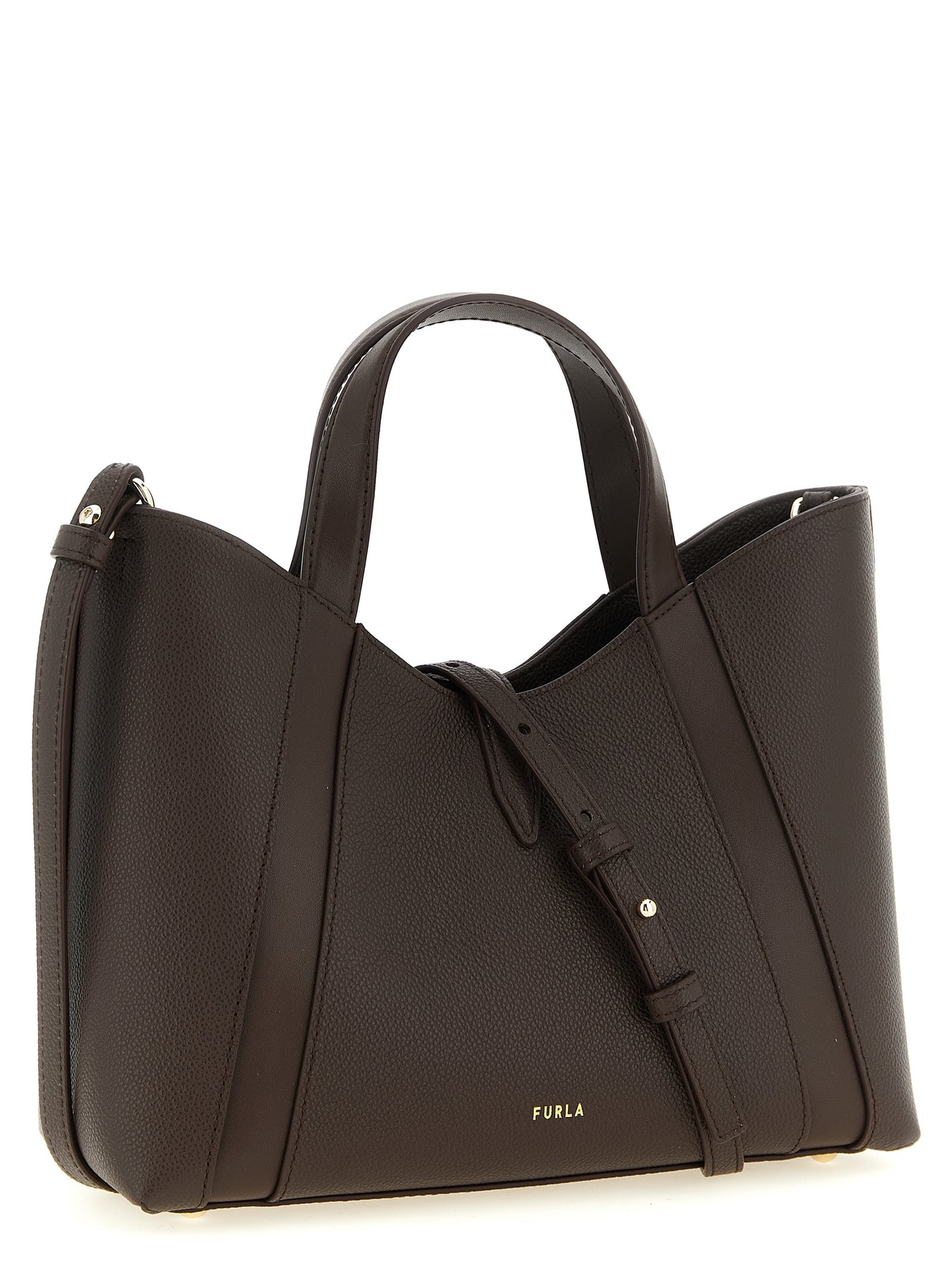 This Tote Bag by Furla for women in calfskin leather brown & gold features an jet-set Goccia Calfskin Leather Tote Bag design with a secure , ample , and jet-set handle & adjustable-strap.