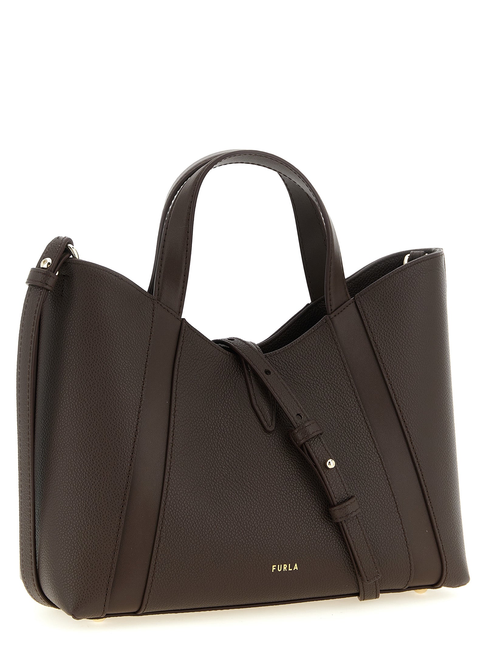 This Tote Bag by Furla for women in calfskin leather brown & gold features an jet-set Goccia Calfskin Leather Tote Bag design with a secure , ample , and jet-set handle & adjustable-strap.