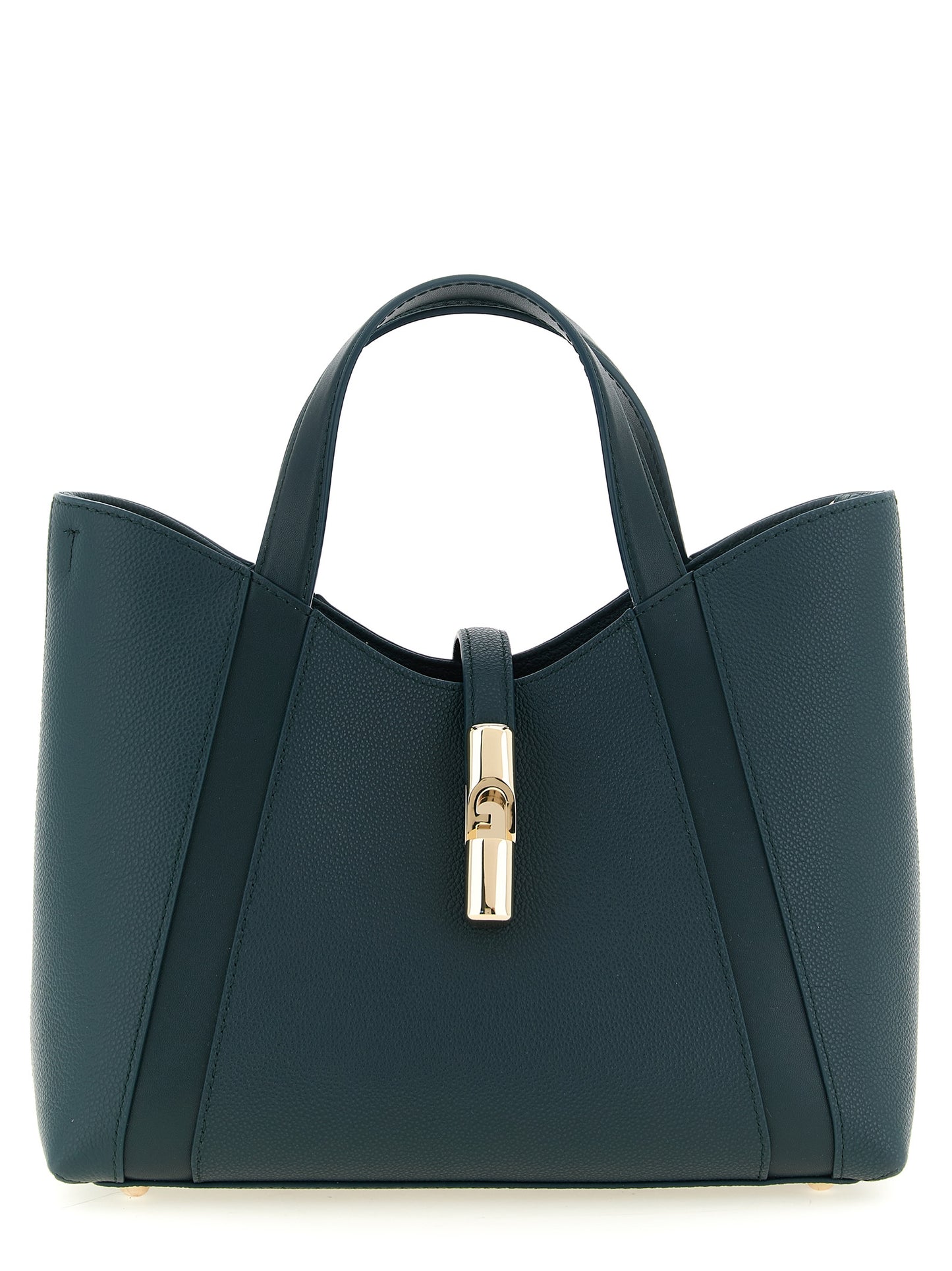 Tote Bag by Furla for women in calfskin leather & cotton bicolour, gold, green & teal features an jet-setting Goccia Calfskin Leather & Cotton Tote Bag design with a secure zipper, jet-setting , and versatile handle & adjustable-strap for a jet-setting look.