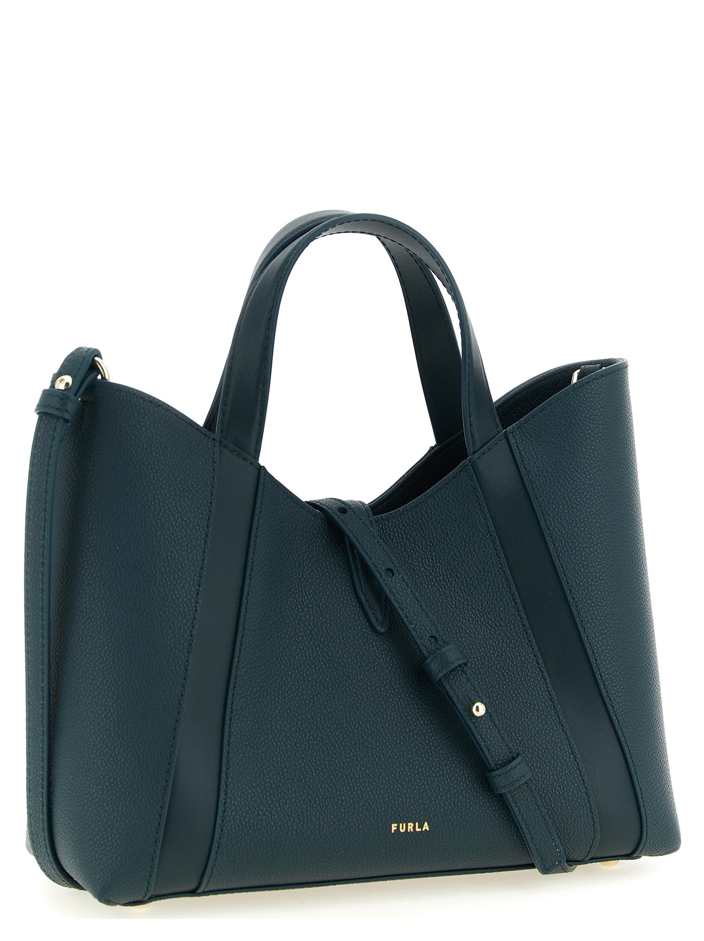Tote Bag by Furla for women in calfskin leather & cotton bicolour, gold, green & teal features an jet-set Goccia Calfskin Leather & Cotton Tote Bag design with a secure zipper, ample , and versatile handle & adjustable-strap for an jet-set finish.