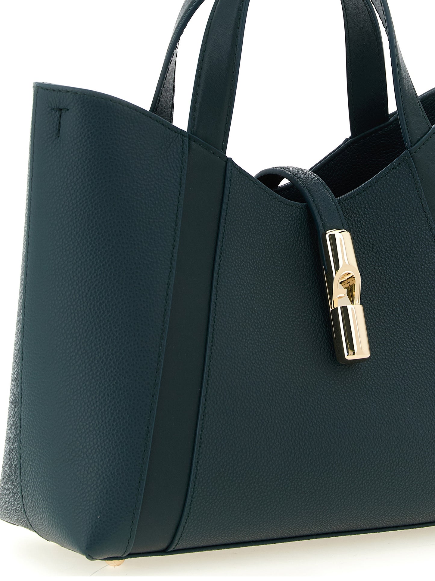 Tote Bag by Furla for women in calfskin leather & cotton bicolour, gold, green & teal features a jet-set sophisticated Goccia Calfskin Leather & Cotton Tote Bag design with a secure zipper, ample , and versatile handle & adjustable-strap for a jet-set sophisticated finish.