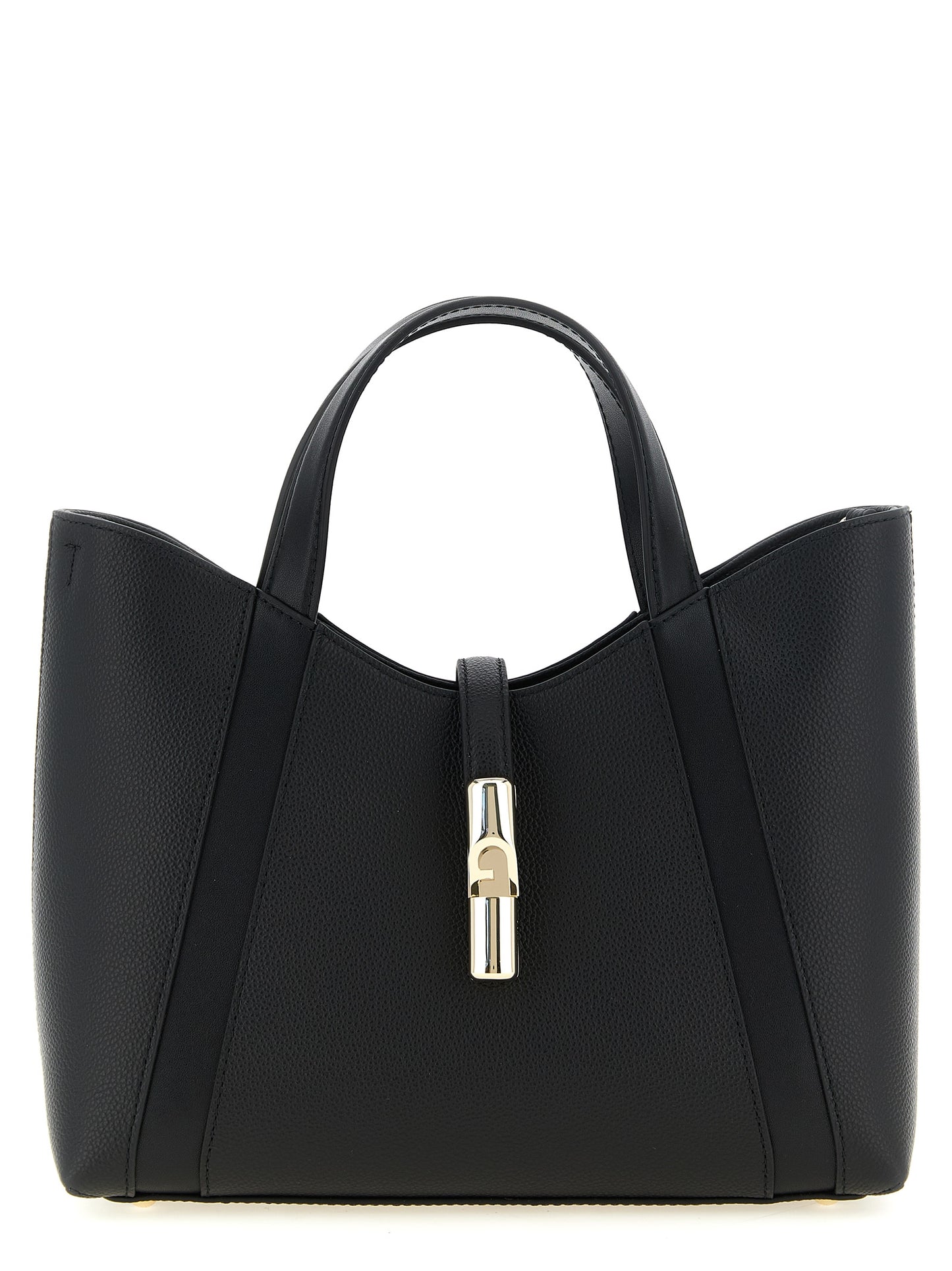 Tote Bag by Furla for women in calfskin leather black & gold showcases a statuesque Goccia Calfskin Leather Tote Bag design, featuring a secure , ample , and versatile shoulder-strap, handle & adjustable-strap for a statuesque finish.