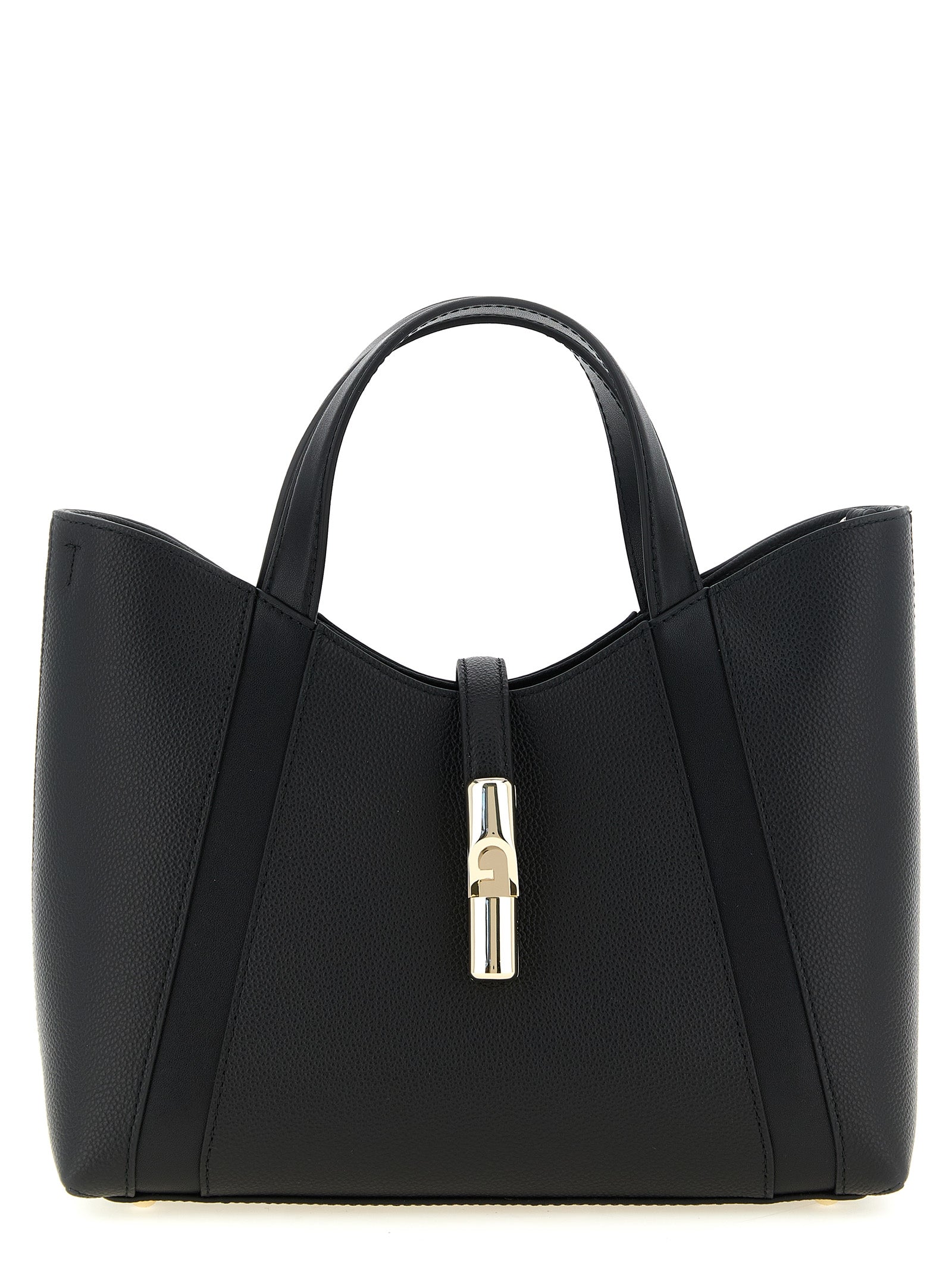 Tote Bag by Furla for women in calfskin leather black & gold showcases a statuesque Goccia Calfskin Leather Tote Bag design, featuring a secure , ample , and versatile shoulder-strap, handle & adjustable-strap for a statuesque finish.