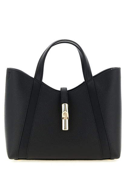 Tote Bag by Furla for women in calfskin leather black & gold showcases a statuesque Goccia Calfskin Leather Tote Bag design, featuring a secure , ample , and versatile shoulder-strap, handle & adjustable-strap for a statuesque finish.
