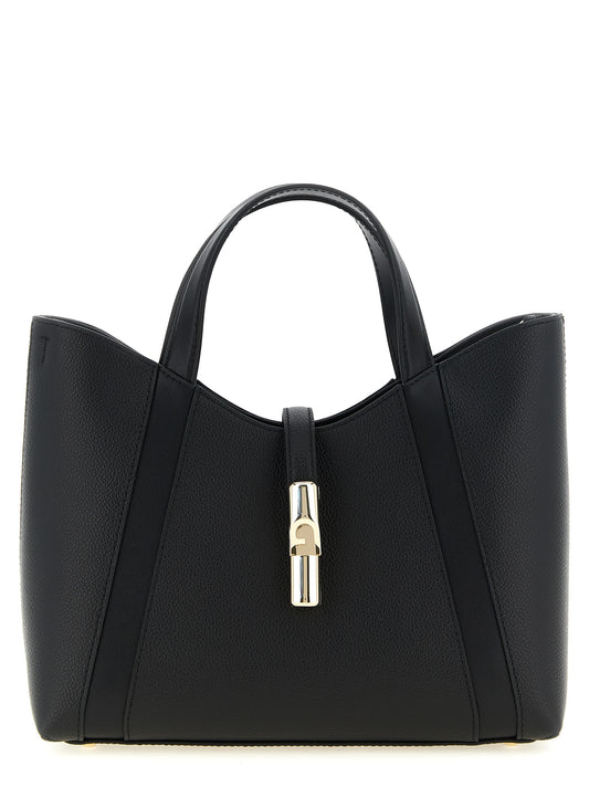 Tote Bag by Furla for women in calfskin leather black & gold showcases a statuesque Goccia Calfskin Leather Tote Bag design, featuring a secure , ample , and versatile shoulder-strap, handle & adjustable-strap for a statuesque finish.