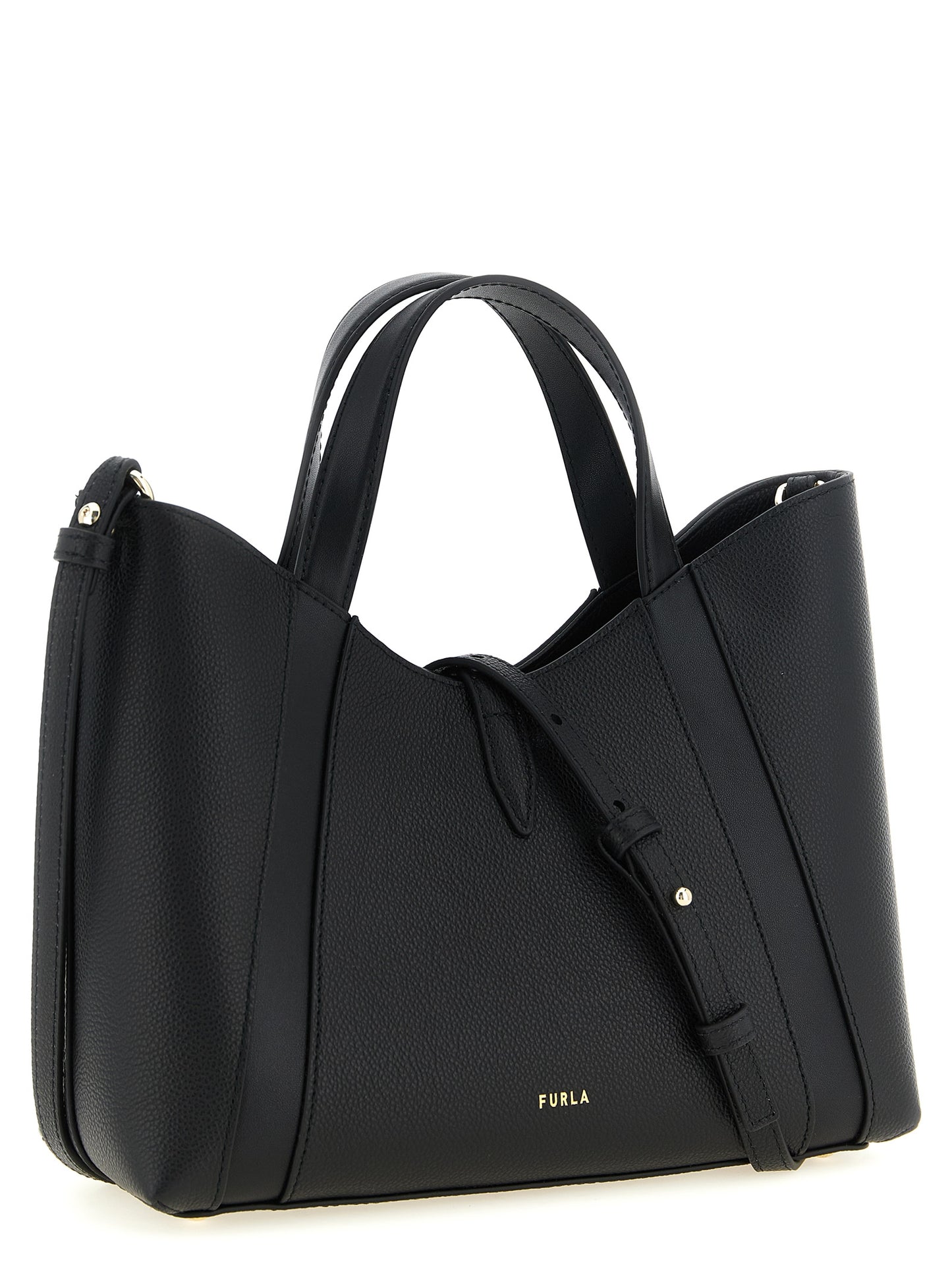 Tote Bag by Furla for women in calfskin leather black & gold features an jet-set Goccia Calfskin Leather Tote Bag design with a secure , ample , and versatile shoulder-strap, handle & adjustable-strap for an jet-set finish.