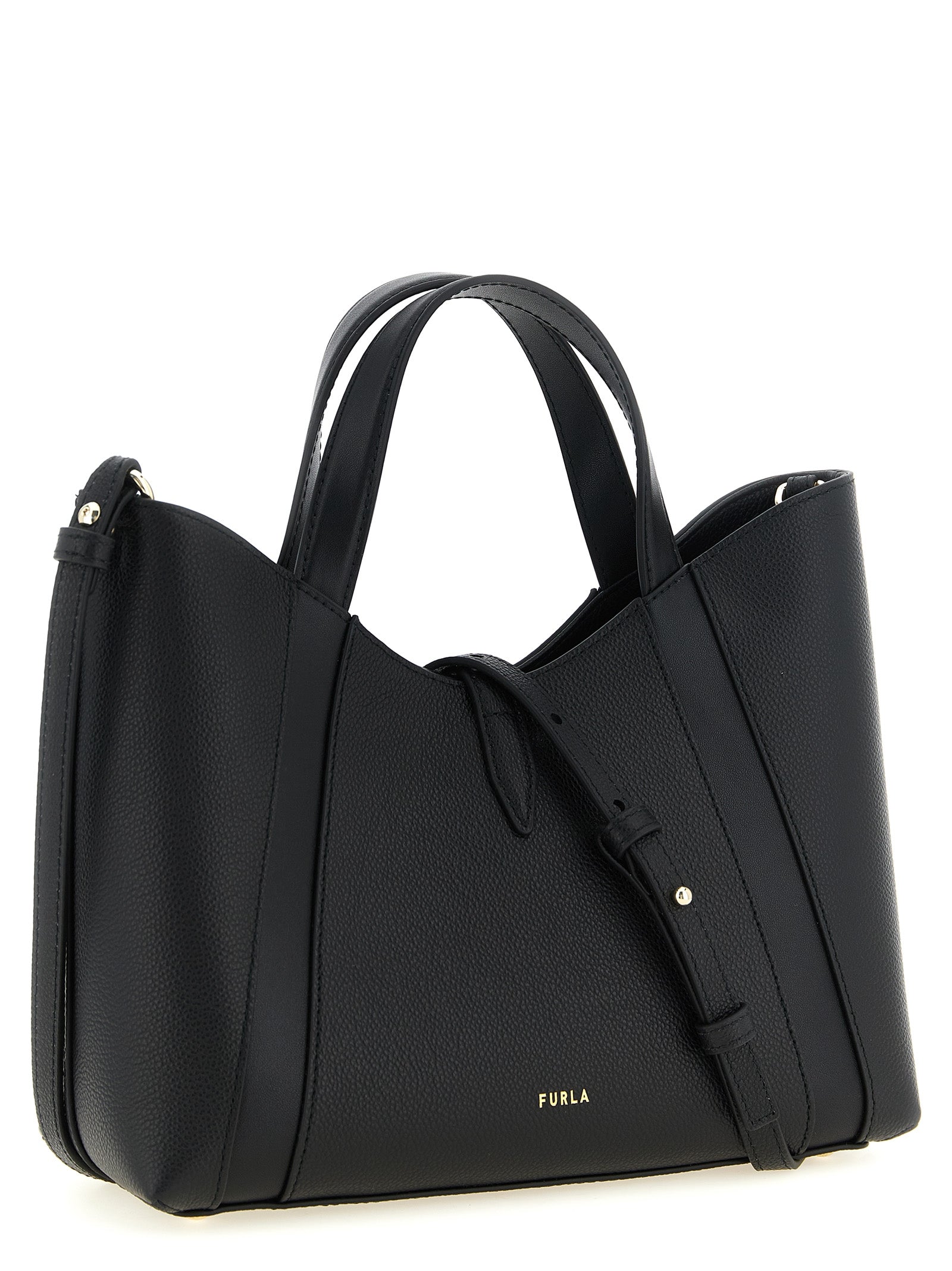 Tote Bag by Furla for women in calfskin leather black & gold features an jet-set Goccia Calfskin Leather Tote Bag design with a secure , ample , and versatile shoulder-strap, handle & adjustable-strap for an jet-set finish.
