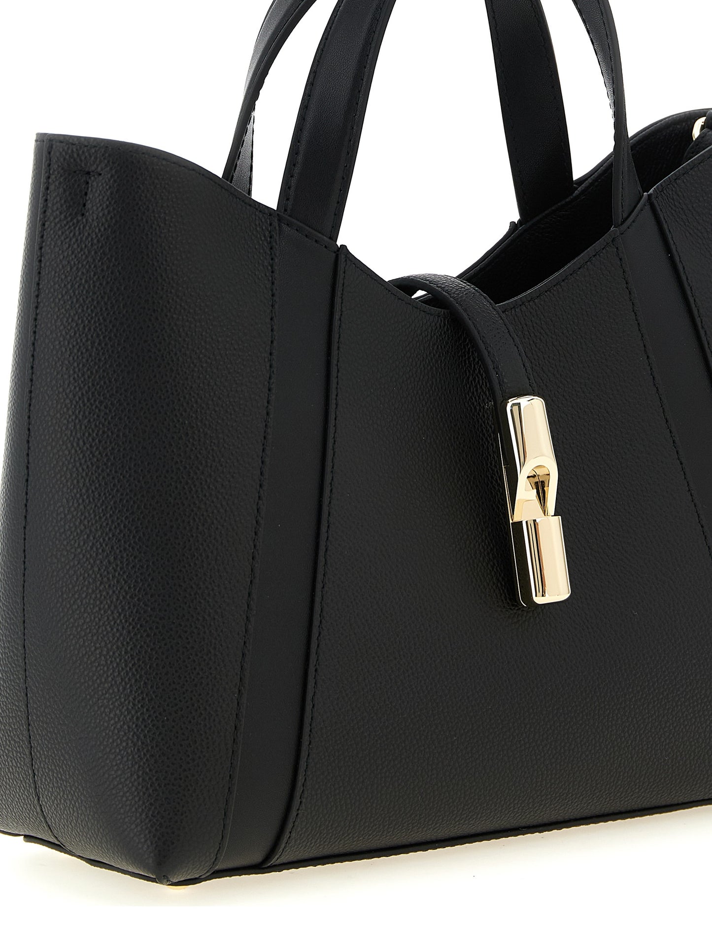 This Tote Bag by Furla for women in calfskin leather black & gold features an jet-set Goccia Calfskin Leather Tote Bag design with a secure , ample , and jet-set shoulder-strap, handle & adjustable-strap.