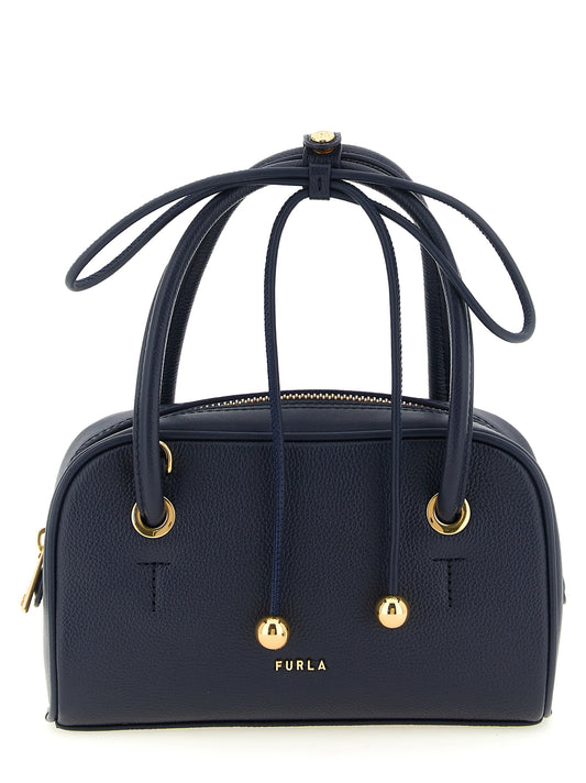 Dome Handbag by Furla for women in calfskin leather gold, navy & signature features a ornamental silhouette, showcasing a secure zipper, ample , and ornamental shoulder-strap & handle for a sophisticated look.