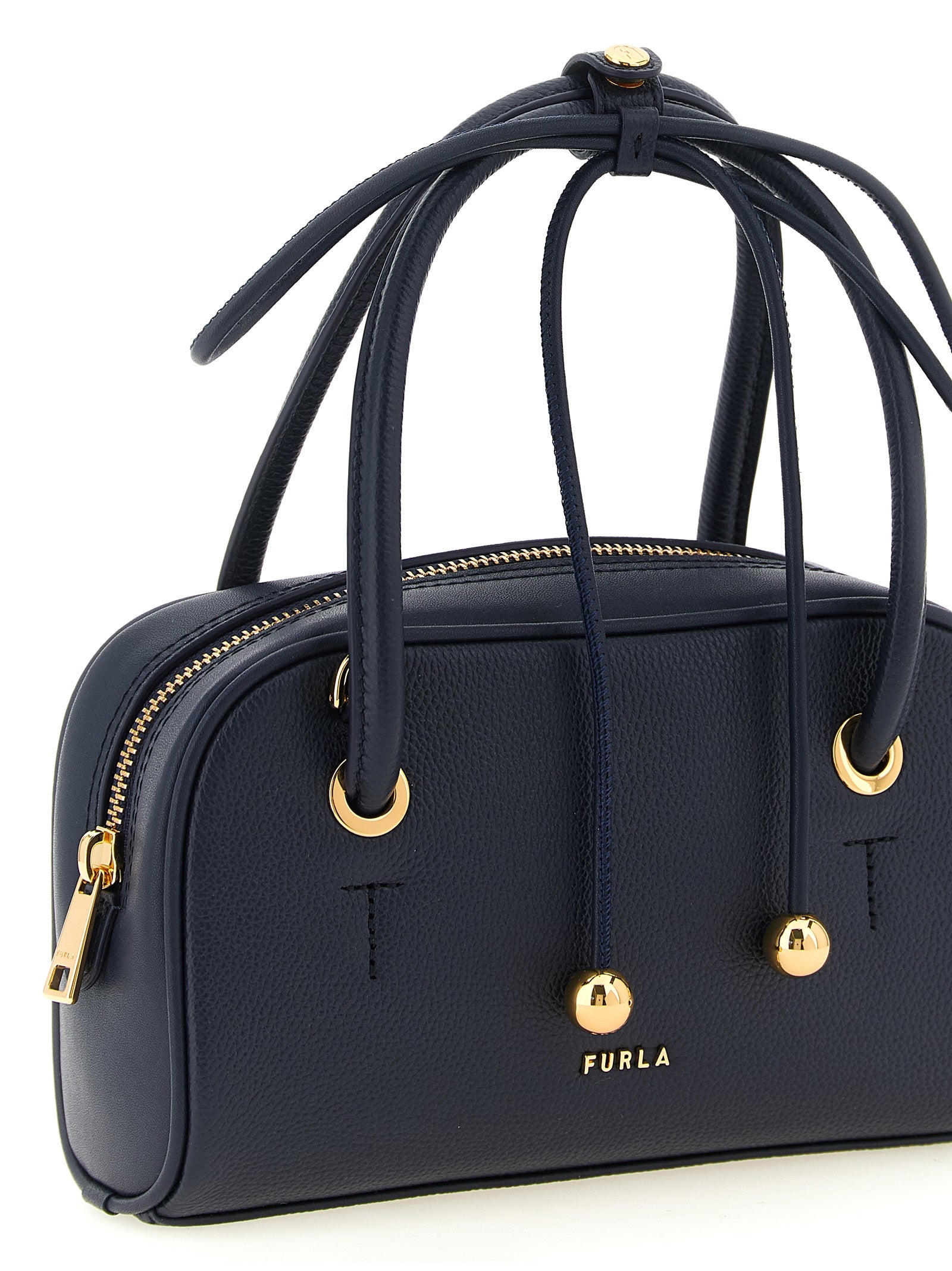 Dome Handbag by Furla for women in calfskin leather gold, navy & signature features a refined silhouette, showcasing a secure zipper, organized , and versatile shoulder-strap & handle for a refined finish.