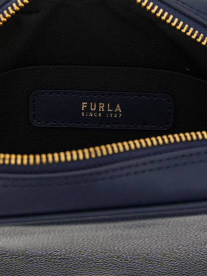 Dome Handbag by Furla for women in calfskin leather gold, navy & signature features a signature silhouette, showcasing a secure zipper and signature with versatile shoulder-strap & handle for a sophisticated look.