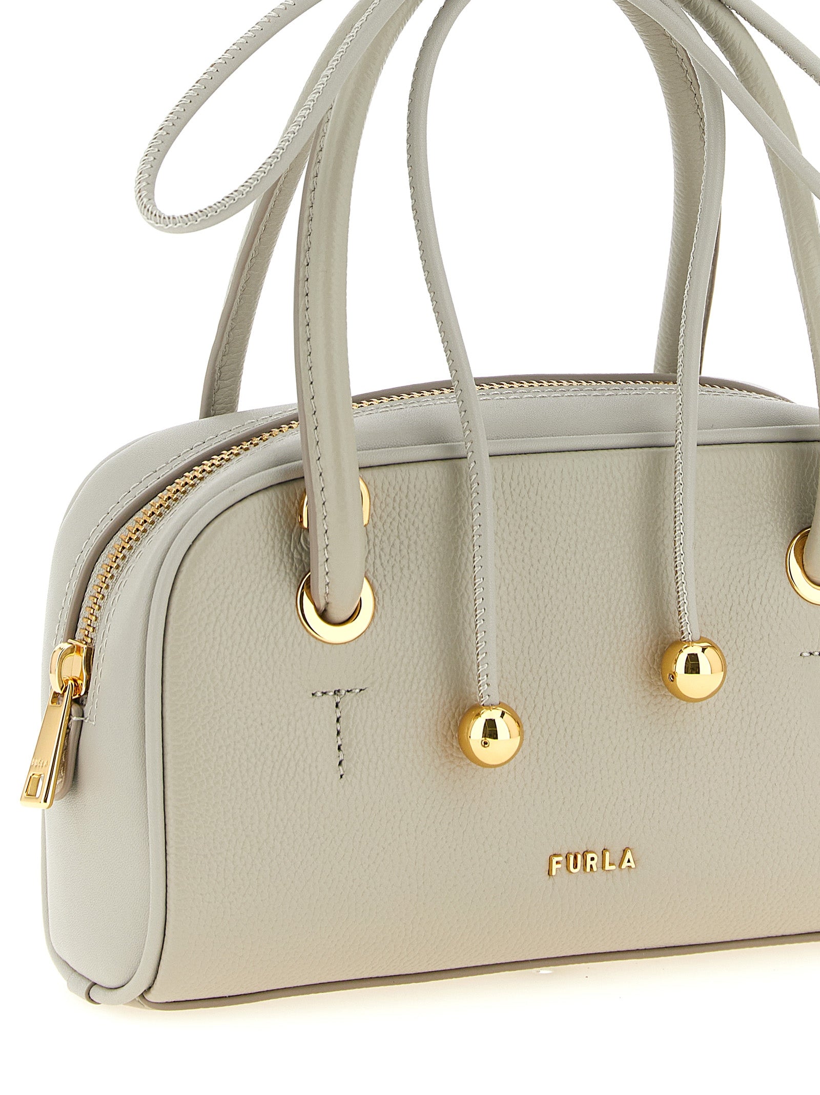 Dome Handbag by Furla for women in calfskin leather gray & gold features a signature silhouette, showcasing a secure zipper and signature with versatile shoulder-strap, detachable-strap & handle for a sophisticated look.