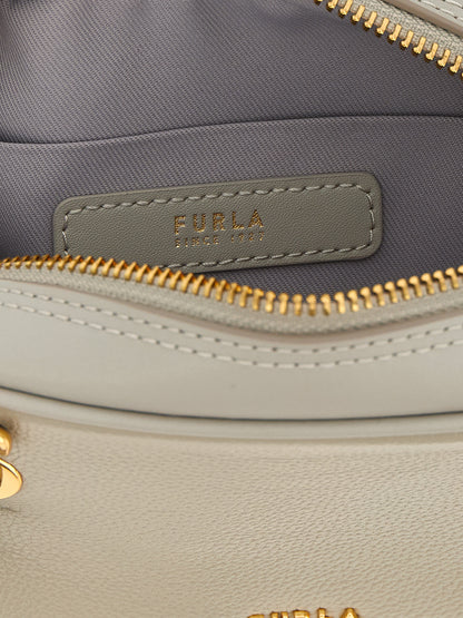 Dome Handbag by Furla for women in calfskin leather gray & gold features an refined silhouette, showcasing a secure zipper, ample , and versatile shoulder-strap, detachable-strap & handle for a sophisticated refined aesthetic.