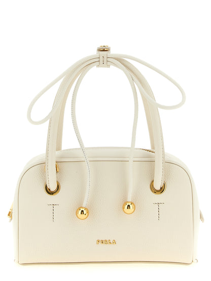 Dome Handbag by Furla for women in calfskin leather cream, gold & white presents a ornamental silhouette, showcasing a secure zipper, ample , and versatile shoulder-strap, adjustable-strap & handle for a ornamental finish.