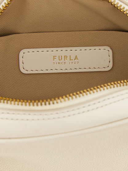 Dome Handbag by Furla for women in calfskin leather cream, gold & white features a ornamental silhouette, showcasing a secure zipper, ample , and ornamental shoulder-strap, adjustable-strap & handle for a sophisticated look.