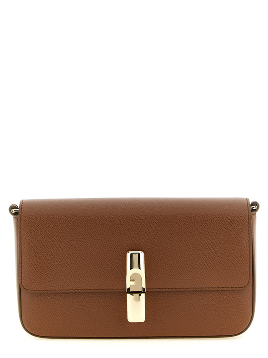 Crossbody Pouch Handbag by Furla for women in bos taurus calfskin leather brown & gold features a versatile chic silhouette, meticulously detailed with a secure flap, ample , and versatile crossbody-strap & adjustable-strap.