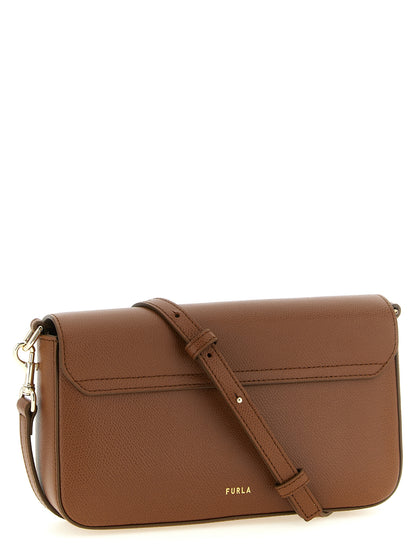 Crossbody Pouch Handbag by Furla for women in bos taurus calfskin leather brown & gold showcases a versatile sophistication silhouette, featuring a secure flap, versatile sophistication , and versatile crossbody-strap & adjustable-strap for a versatile sophistication finish.